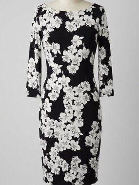 ERDEM Analena Orchid Print Dress Black White Floral Stretch Bodycon XS